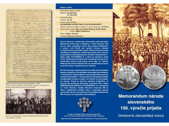 letak strieborna zberatelska minca memorandum naroda slovenskeho 150 vyrocie prijatia 10 eur 2011 predni strana